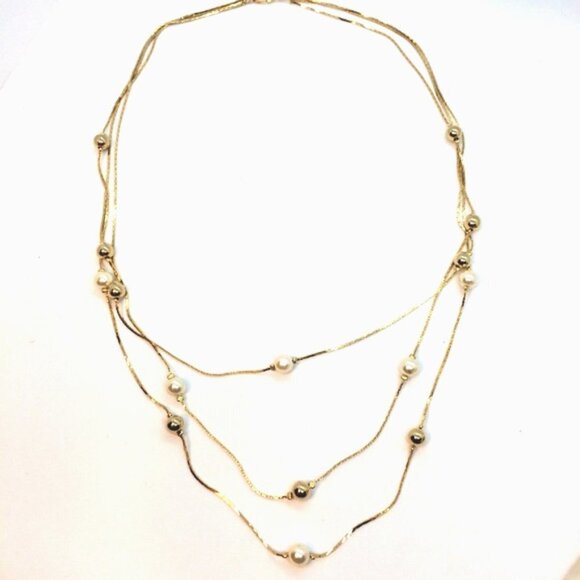 3/$30 VINTAGE 80S MULTI STRAND PEARL GOLD TONE BALL CHAIN NECKLACE LAYERED - Picture 1 of 13